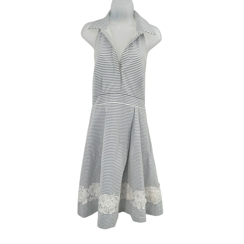 VTG Eliza J Striped Halter Midi Dress Lace Coastal Cottagecore Sundress Size 12 - Picture 3 of 8